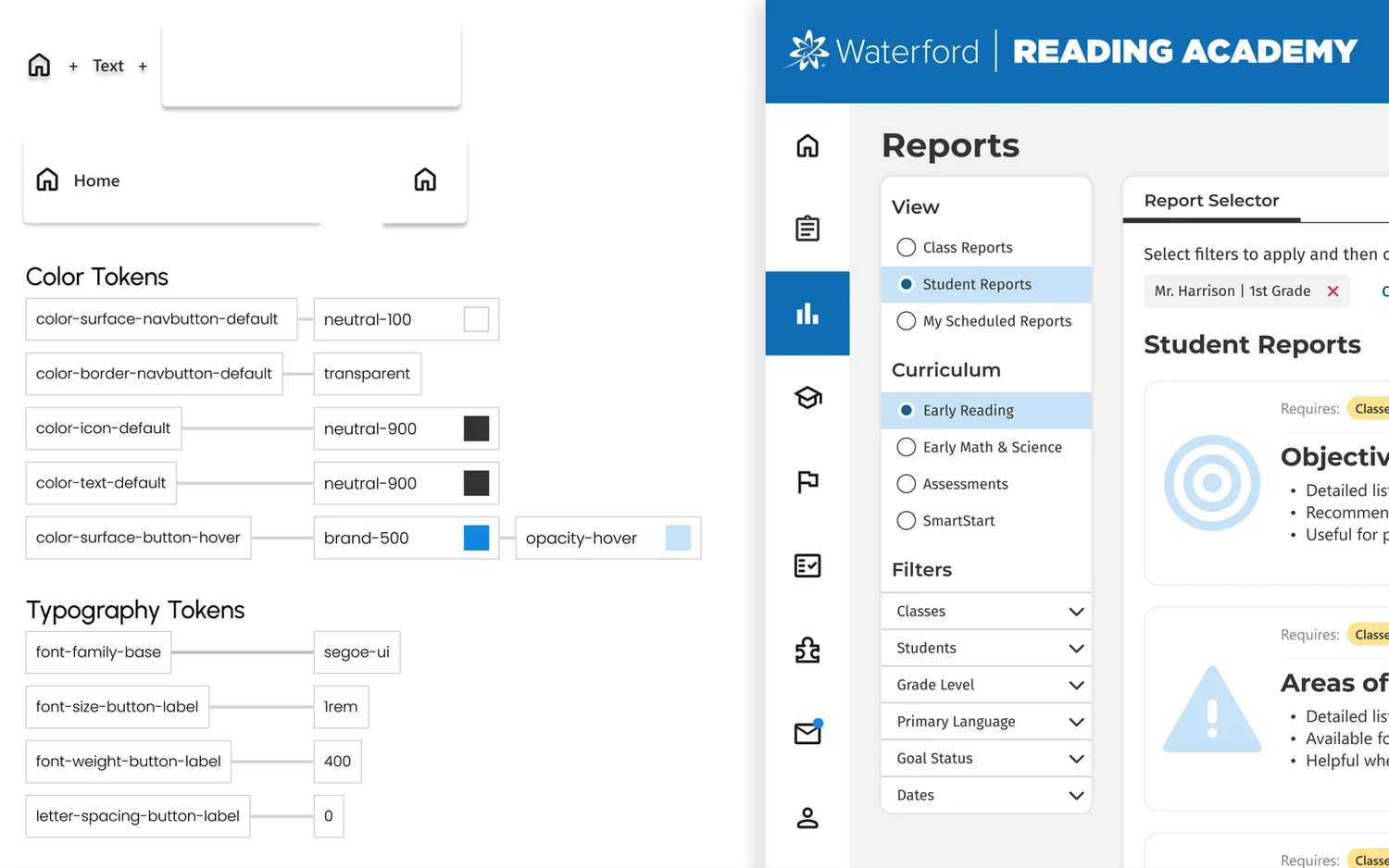 Design tokens for color and typography beside the Waterford Reading Academy reports screen built on the design system.