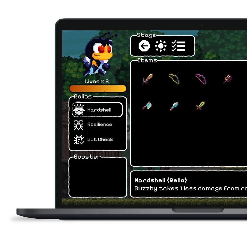 Ophidian Interactive game UI on a laptop: the bee character Buzzby with Lives x 3, a Relics panel listing Hardshell, Resilience and Gut Check, a Booster panel, and an Items grid of weapons.